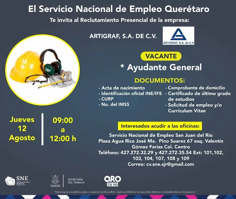 Reclutamiento presencial para ayudante general en empresa de SJR