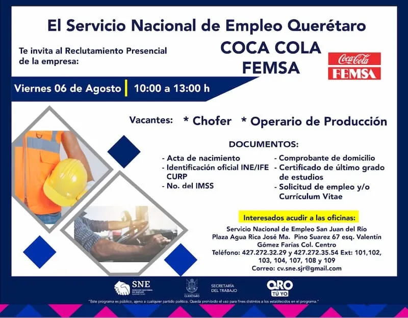 Reclutamiento presencial para la empresa Coca Cola FEMSA en el municipio de San Juan del Rio