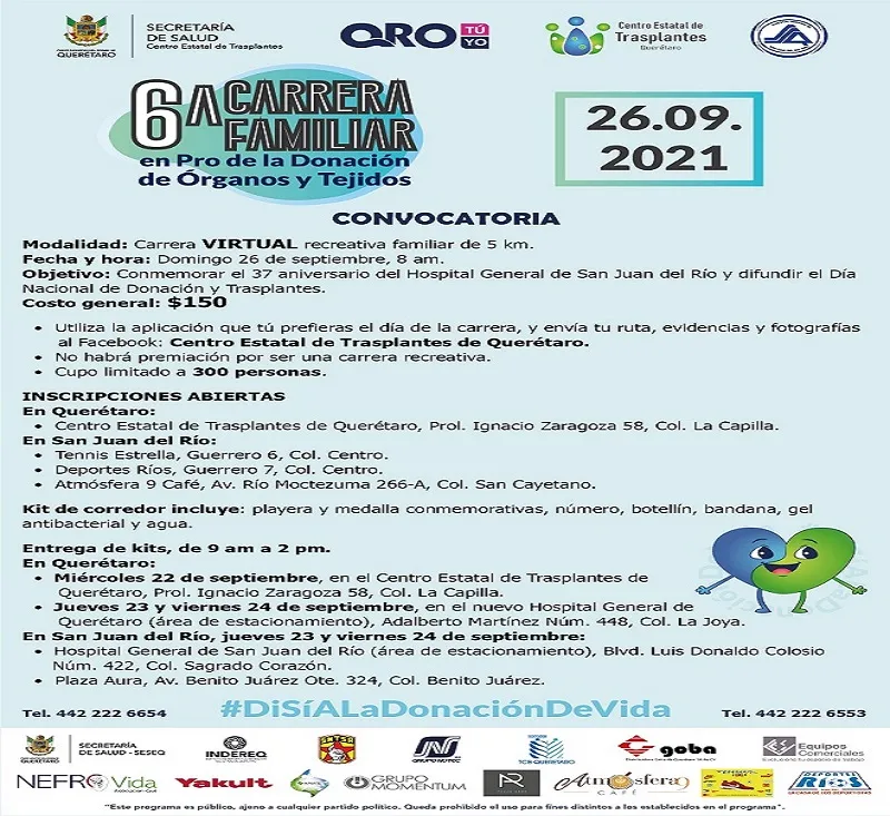 Invitan a participar en la 6ta Carrera Familiar en Pro de la Donacion de Organos y Tejidos