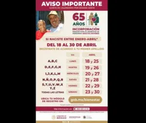 18 de abril iniciará registro a la Pensión para el Bienestar de las Personas Adultas Mayores