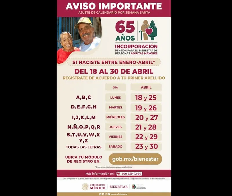 18 de abril iniciara registro a la Pension para el Bienestar de las Personas Adultas Mayores 2